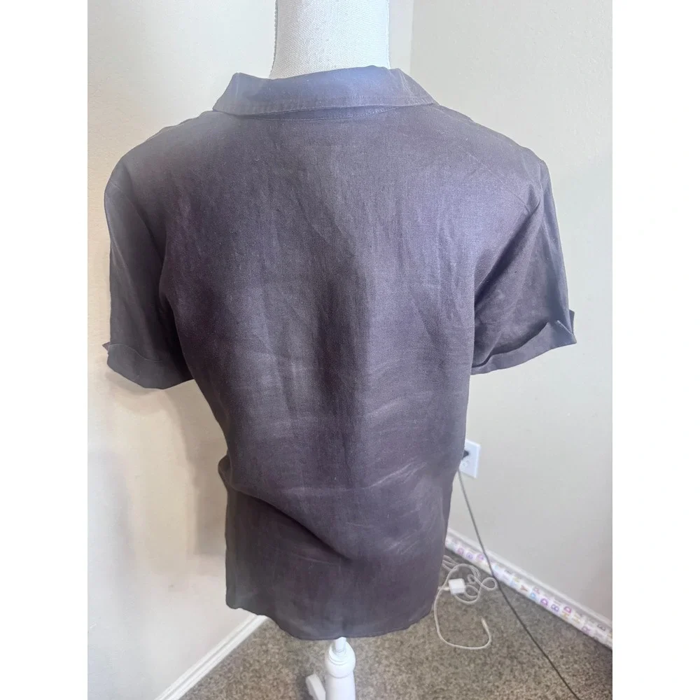 JM Collection Petite Brown 100% Linen Button Up Shirt Safari Coastal 10P camp